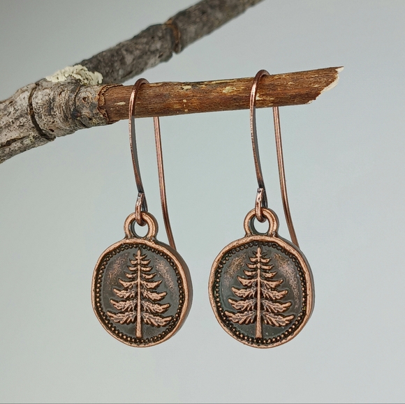 HAND CRAFTED Copper Tree Rustic Boho Minimalist Nature Dangle Earrings - Picture 2 of 5